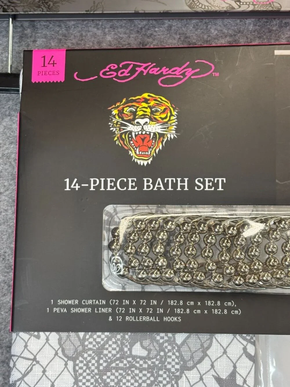 Ed Hardy Shower Curtain Set w 14 Piece w Hooks & Liner White Gray Roses Skulls